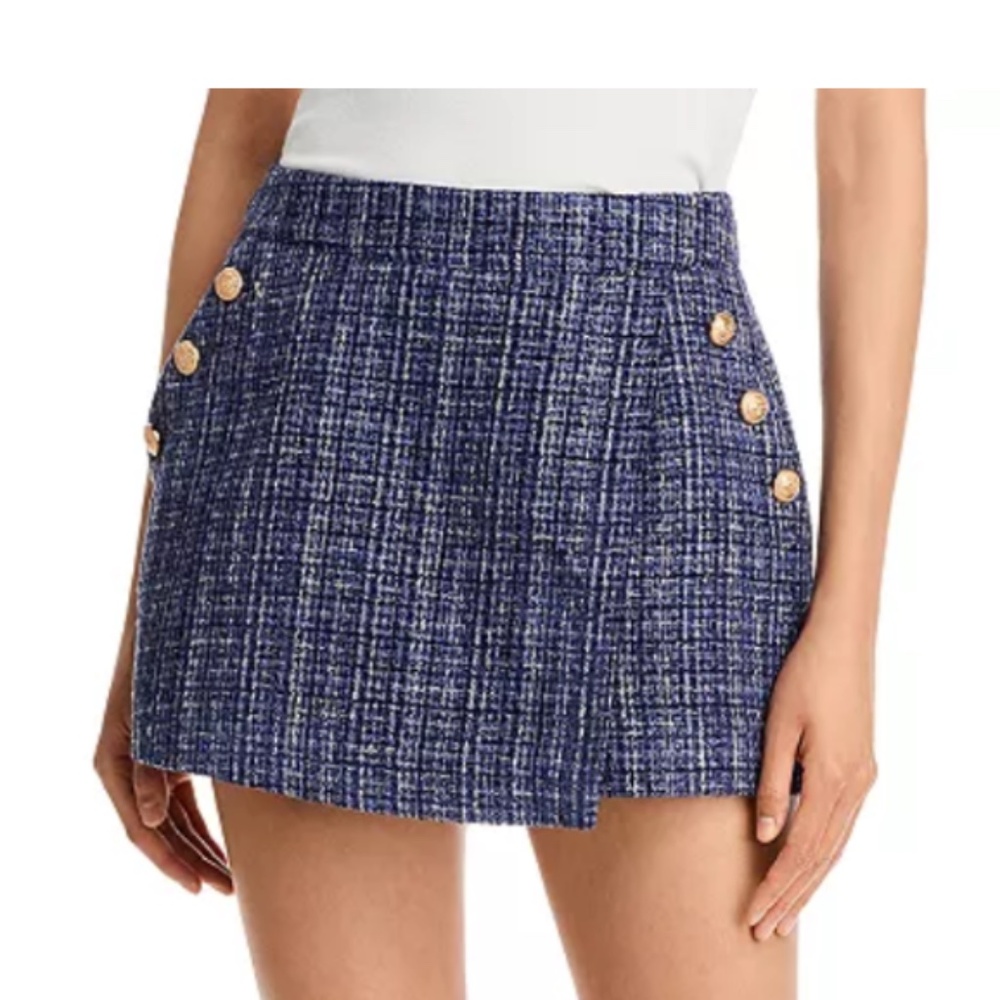 Aqua Gold Tone Button Tweed Mini Skort